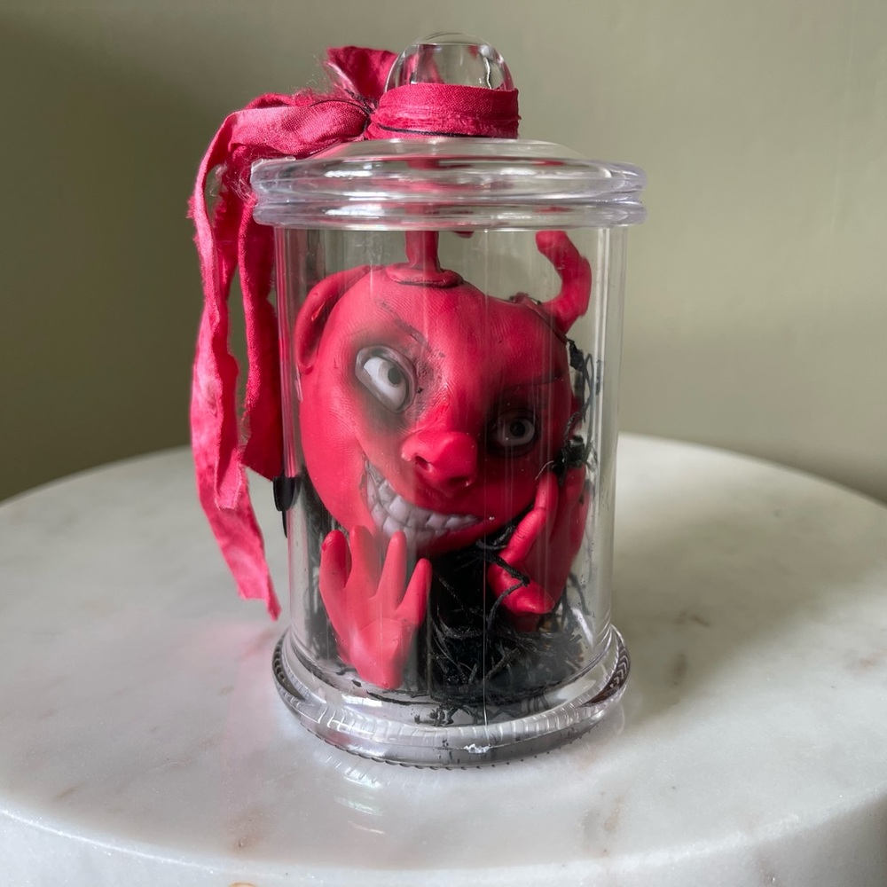 Whimsical Red Devil Polymer Clay Doll Sculpture in Jar